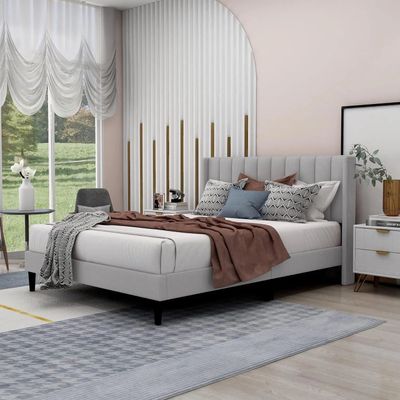 Modern Rectangular Velvet Upholstery Bed with Soft Wingback Headboard Light Grey (Queen)
