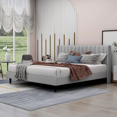 Modern Rectangular Velvet Upholstery Bed with Soft Wingback Headboard Light Grey (King)