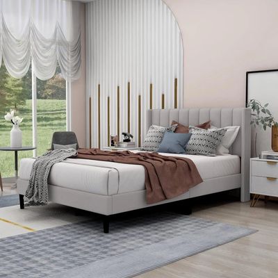Modern Rectangular Velvet Upholstery Bed with Soft Wingback Headboard Light Grey (Super King)