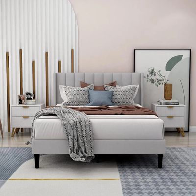 Modern Rectangular Velvet Upholstery Bed with Soft Wingback Headboard Light Grey (Super King)