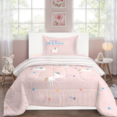 Cotton Home Premium Cotton 3PC Kids Comforter Set Includes 1PC Comforter 135x220cm ,1PC Fitted Sheet  90x200cm, and 1PC Pillowsham 50x75+5cm , Unicorn 