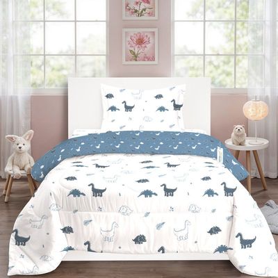 Cotton Home Premium Cotton 3PC KidsComforter Set includes , 1PC Comforter 135x220cm ,1PC Fitted Sheet  90x200cm, and 1PC Pillowsham 50x75+5cm 50x75+5cm , Dino