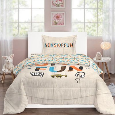 Cotton Home Premium Cotton 3PC KidsComforter Set includes , 1PC Comforter 135x220cm ,1PC Fitted Sheet  90x200cm, and 1PC Pillowsham 50x75+5cm 50x75+5cm , Non-Stop Fun  
