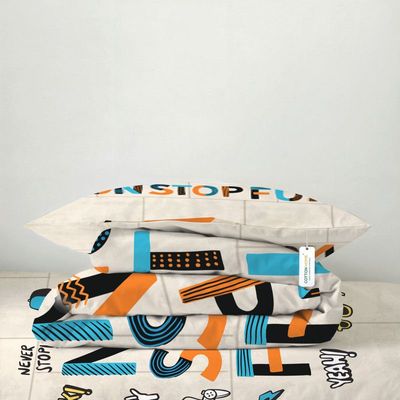 Cotton Home Premium Cotton 3PC KidsComforter Set includes , 1PC Comforter 135x220cm ,1PC Fitted Sheet  90x200cm, and 1PC Pillowsham 50x75+5cm 50x75+5cm , Non-Stop Fun  