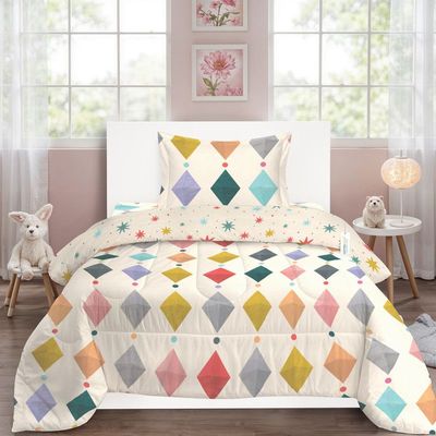 Cotton Home Premium Cotton 3PC Kids Comforter Set includes , 1PC Comforter 135x220cm ,1PC Fitted Sheet  90x200cm, and 1PC Pillowsham 50x75+5cm 50x75+5cm , Little Gems 