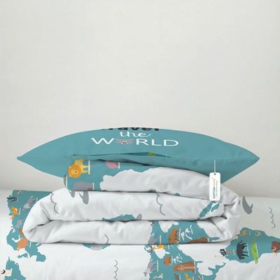 Cotton Home Premium Cotton 3PC KidsComforter Set includes , 1PC Comforter 135x220cm ,1PC Fitted Sheet  90x200cm, and 1PC Pillowsham 50x75+5cm 50x75+5cm , Adventure Atlas 