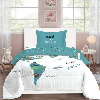 Cotton Home Premium Cotton 3PC KidsComforter Set includes , 1PC Comforter 135x220cm ,1PC Fitted Sheet  90x200cm, and 1PC Pillowsham 50x75+5cm 50x75+5cm , Adventure Atlas 