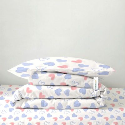 Cotton Home Premium Cotton 3PC Kids Comforter Set includes , 1PC Comforter 135x220cm ,1PC Fitted Sheet  90x200cm, and 1PC Pillowsham 50x75+5cm 50x75+5cm , Hue Hearts 