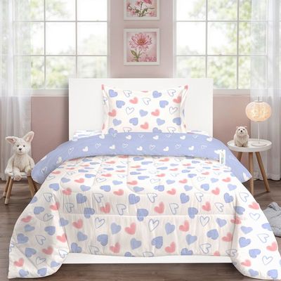 Cotton Home Premium Cotton 3PC Kids Comforter Set includes , 1PC Comforter 135x220cm ,1PC Fitted Sheet  90x200cm, and 1PC Pillowsham 50x75+5cm 50x75+5cm , Hue Hearts 