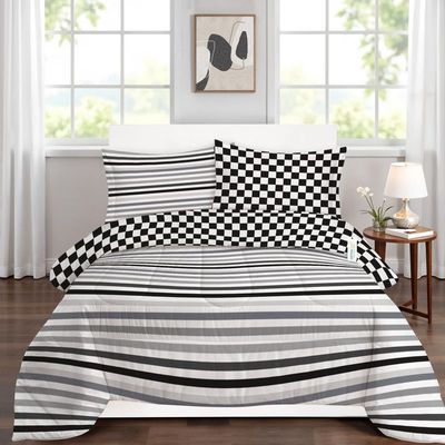 Cotton Home Premium Cotton 4PC Adult Comforter  Set Includes 1PC Comforter 160x220cm ,1 Fitted Sheet  120x200cm, and 2 Pillowsham 50x75+5cm , Grey Stripe 