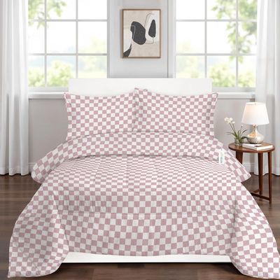 Cotton Home Premium Cotton 4PC Adult Comforter  Set Includes 1PC Comforter 160x220cm ,1 Fitted Sheet  120x200cm, and 2 Pillowsham 50x75+5cm , Blush Bloks 