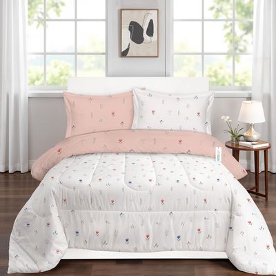 Cotton Home Premium Cotton 4PC Adult Comforter  Set Includes 1PC Comforter 160x220cm ,1 Fitted Sheet  120x200cm, and 2 Pillowsham 50x75+5cm , Peach Blossom 