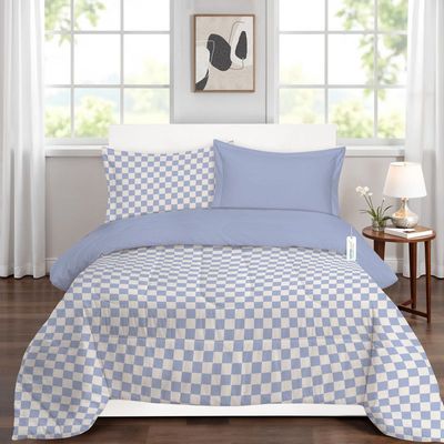 Cotton Home Premium Cotton 4PC Adult Comforter  Set Includes 1PC Comforter 160x220cm ,1 Fitted Sheet  120x200cm, and 2 Pillowsham 50x75+5cm , Blue Blocks 