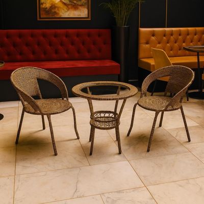Rattan Chair Set | Patio Seating Set with 1 Table & 2 Chairs | Durable Artificial Rattan Set for Outdoor & Indoor Use, Comfortable | Armchair for Garden & Pool-Side Furniture (Golden) Rattan Chair Set | Patio Seating Set with 1 Table & 2 Chairs | Durable Artificial Rattan Set for Outdoor & Indoor Use, Comfortable | Armchair for Garden & Pool-Side Furniture (Golden)
