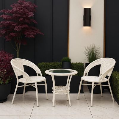 Rattan Chair Set | Patio Seating Set with 1 Table & 2 Chairs | Durable Artificial Rattan Set for Outdoor & Indoor Use, Comfortable | Armchair for Garden & Pool-Side Furniture (White) Rattan Chair Set | Patio Seating Set with 1 Table & 2 Chairs | Durable Artificial Rattan Set for Outdoor & Indoor Use, Comfortable | Armchair for Garden & Pool-Side Furniture (White)