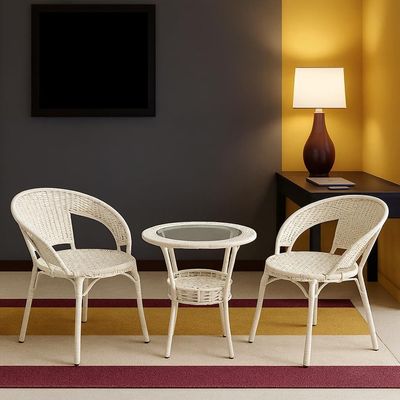Rattan Chair Set | Patio Seating Set with 1 Table & 2 Chairs | Durable Artificial Rattan Set for Outdoor & Indoor Use, Comfortable | Armchair for Garden & Pool-Side Furniture (White) Rattan Chair Set | Patio Seating Set with 1 Table & 2 Chairs | Durable Artificial Rattan Set for Outdoor & Indoor Use, Comfortable | Armchair for Garden & Pool-Side Furniture (White)