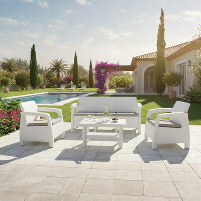 Havana Outdoor 5-Seater Sofa Set – White with Grey Cushions