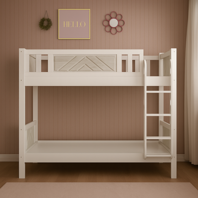 Luxury Bunk Bed | Solid Wooden Kids Bedframe with Stairs | Space Saving Ladder Bunk Bed | Bedroom Furniture (White)