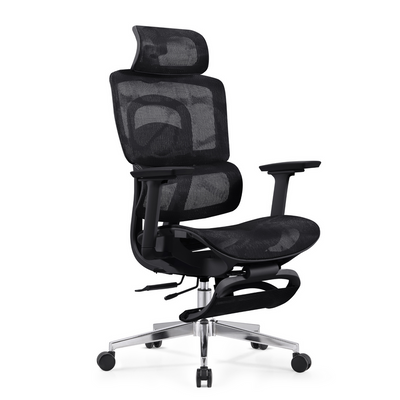 Skyland Premium Ergonomic Office Chair – High-Back Mesh, Reclining System with Footrest, Adjustable Lumbar Support – 2D Headrest, Backrest Height, Seat Depth, 3D PU Armrests, Metal Base