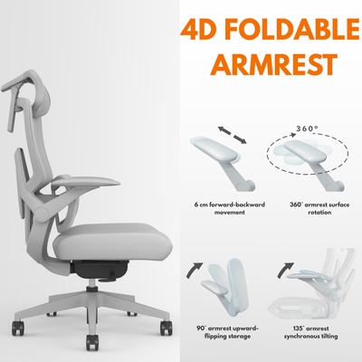 Skyland Executive Ergonomic Office Chair – High Back Mesh, Adjustable Headrest & Lumbar Support, 4D Armrests (Grey)