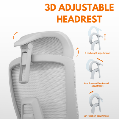 Skyland Executive Ergonomic Office Chair – High Back Mesh, Adjustable Headrest & Lumbar Support, 4D Armrests (Grey)