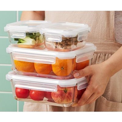LocknLock Stackable Tempered Glass Food Container Set of 8 – Airtight, Leakproof, Oven & Microwave Safe – Rectangle & Square Mix (370ml–1500ml)