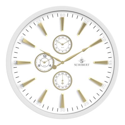 Metal Big Wall Clock 5310WN 50cm,white/gold, Italian Design   Non Ticking, Battery Operated Quartz Clock for Living Room Kitchen Bedroom / 3Time Zone Clock