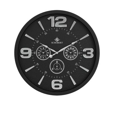 Metal Big Wall Clock  5311BNS 50cm, Black-silver,  Italian Design   Non Ticking, Battery Operated Quartz Clock for Living Room Kitchen Bedroom 3Time Zone Clock