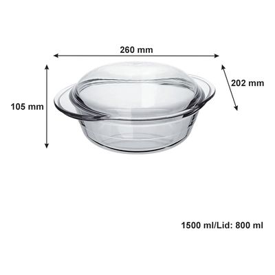 MARINEX Medium Glass Casserole with Lid 2.3L – Durable Heat-Resistant Cookware | Transparent Round Oven-Safe