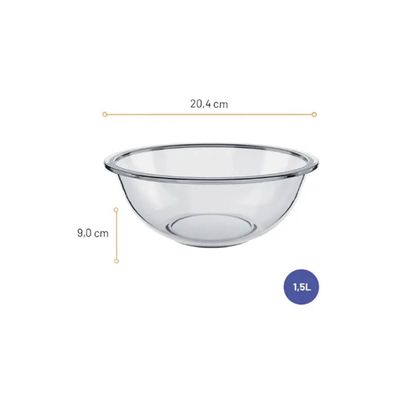MARINEX Glass Bowl Plus 1.5L – Durable Heat-Resistant  Mixing & Serving Bowl | Transparent Multi-Purpose Medium Glass Bowl | Microwave, Freezer & Dishwasher Safe