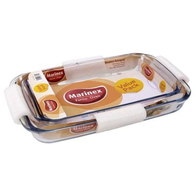 MARINEX Glass 2-Piece Rectangular Roaster Set (1.6L + 2.2L) - Durable Heat-Resistant Bakeware Dishes|Transparent Oven-Safe Roasting