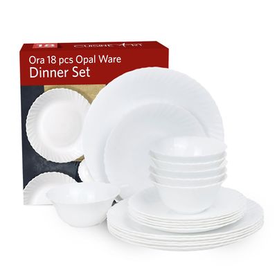 Cuisine Art ORA 18-Piece Opalware Dinner Set, White | Durable Lightweight Opal Glass Crockery | Classique Design | 6 Full Plates, 6 Quarter Plates, 6 Soup Bowls | Microwave & Dishwasher Safe