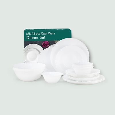 Cuisine Art ORA MIA 18-Piece Opalware Dinner Set, White - Durable Lightweight Opal Glass Crockery|4 Full Plates,4 Quarter Plates,4 Soup Plates,4 Soup Bowls,2 Serving Bowl