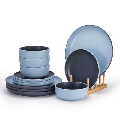Shallow Nordic 12-Piece Dinner Set in Elegant Blue | 4 × 10.5” Dinner Plates, 4 × 7.5” Side Plates & 4 × 5.5” Deep Bowls