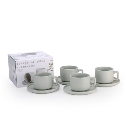 Shallow Stoneware OSLO 8-Piece Tea Cup & Saucer Set-250ml - Elegant Green Nordic Style CeramicCrockery| 4×250ml Tea Cups & 4×Matching Saucers