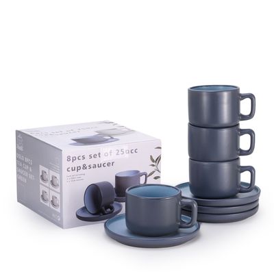 Shallow Stoneware OSLO 8-Piece Tea Cup & Saucer Set - Elegant Grey Nordic Style Ceramic Crockery | 4×Premium 250ml Tea Cups & 4×Matching Saucers