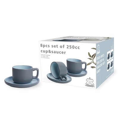 Shallow Stoneware OSLO 8-Piece Tea Cup & Saucer Set - Elegant Grey Nordic Style Ceramic Crockery | 4×Premium 250ml Tea Cups & 4×Matching Saucers