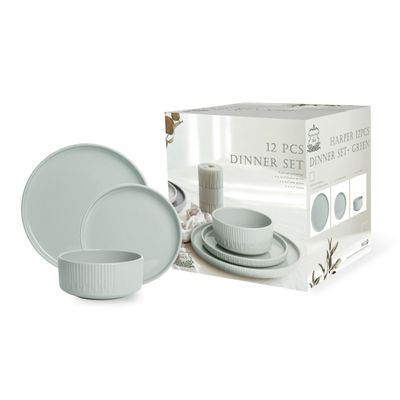Shallow Stoneware HARPER 12-Pc Dinner Set-Elegant Green Crockery|4x10.5” Dinner Plates,4×7.5” Side Plates & 4x5.5” Deep Bowls