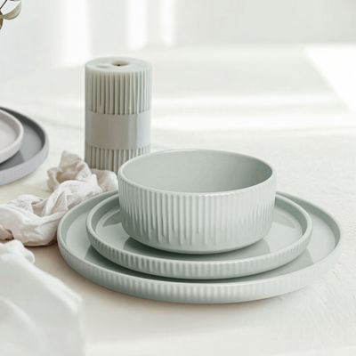 Shallow Stoneware HARPER 12-Pc Dinner Set-Elegant Green Crockery|4x10.5” Dinner Plates,4×7.5” Side Plates & 4x5.5” Deep Bowls