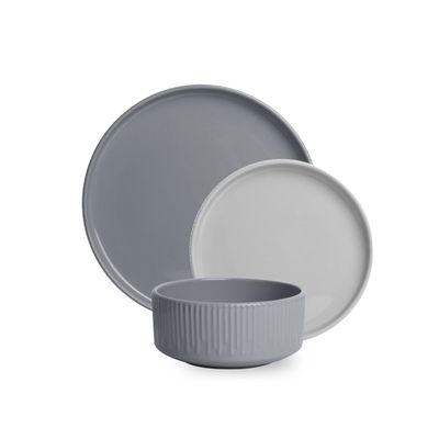 Shallow Stoneware HARPER 12-Pc Dinner Set - Elegant Grey Crockery|4 × 10.5” Dinner Plates, 4 × 7.5” Side Plates & 4 × 5.5” Deep Bowls