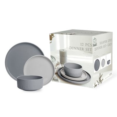 Shallow Stoneware HARPER 12-Pc Dinner Set - Elegant Grey Crockery|4 × 10.5” Dinner Plates, 4 × 7.5” Side Plates & 4 × 5.5” Deep Bowls