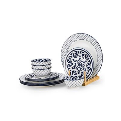 Shallow Porcelain MALFI 12-Pc Dinner Set - Elegant Blue Modern Crockery|4×10.5” Dinner Plates,4×7.5” Side Plates & 4×4.5”Small Bowls