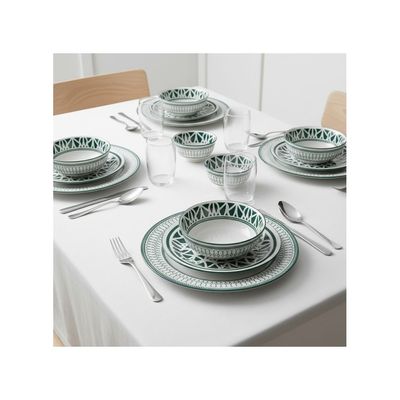 Shallow Porcelain AMALFI 12-Pc Dinner Set-Elegant Green Modern Crockery|4×10.5” Dinner Plates,4×7.5”Side Plates&4 × 4.5”Small Bowls