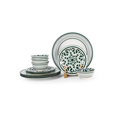Shallow Porcelain AMALFI 12-Pc Dinner Set-Elegant Green Modern Crockery|4×10.5” Dinner Plates,4×7.5”Side Plates&4 × 4.5”Small Bowls