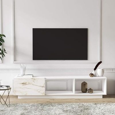 Luxury White Multicolored Tv Stand Console – Marble Accent High Gloss Media Cabinet With Storage