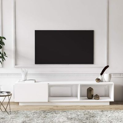 Luxury White White Tv Stand Console – Marble Accent High Gloss Media Cabinet With Storage