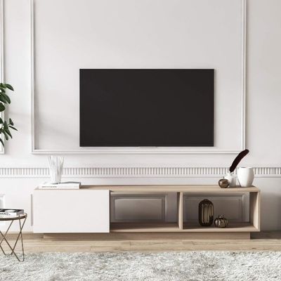 Luxury Beige Tv Stand Console – Marble Accent High Gloss Media Cabinet With Storage