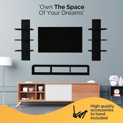 Wall Mounted Tv Unit With Storage Cabinet & Floating Shelf – Black Design Wall Mounted Tv Unit With Storage Cabinet & Floating Shelf – Black Design