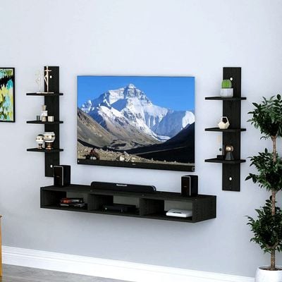 Wall Mounted Tv Unit With Storage Cabinet & Floating Shelf – Black Design