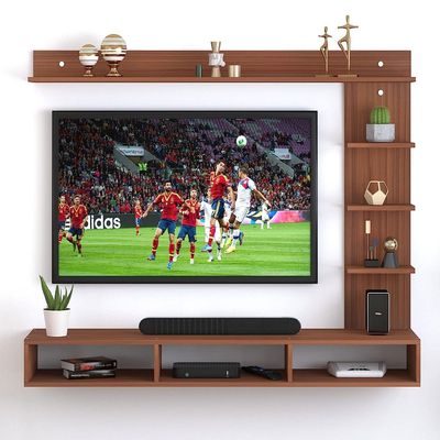 Wood Wall Mount Tv Unit With Side And Top Shelves For Tvs Up To 55 Inches 160Cm Brown